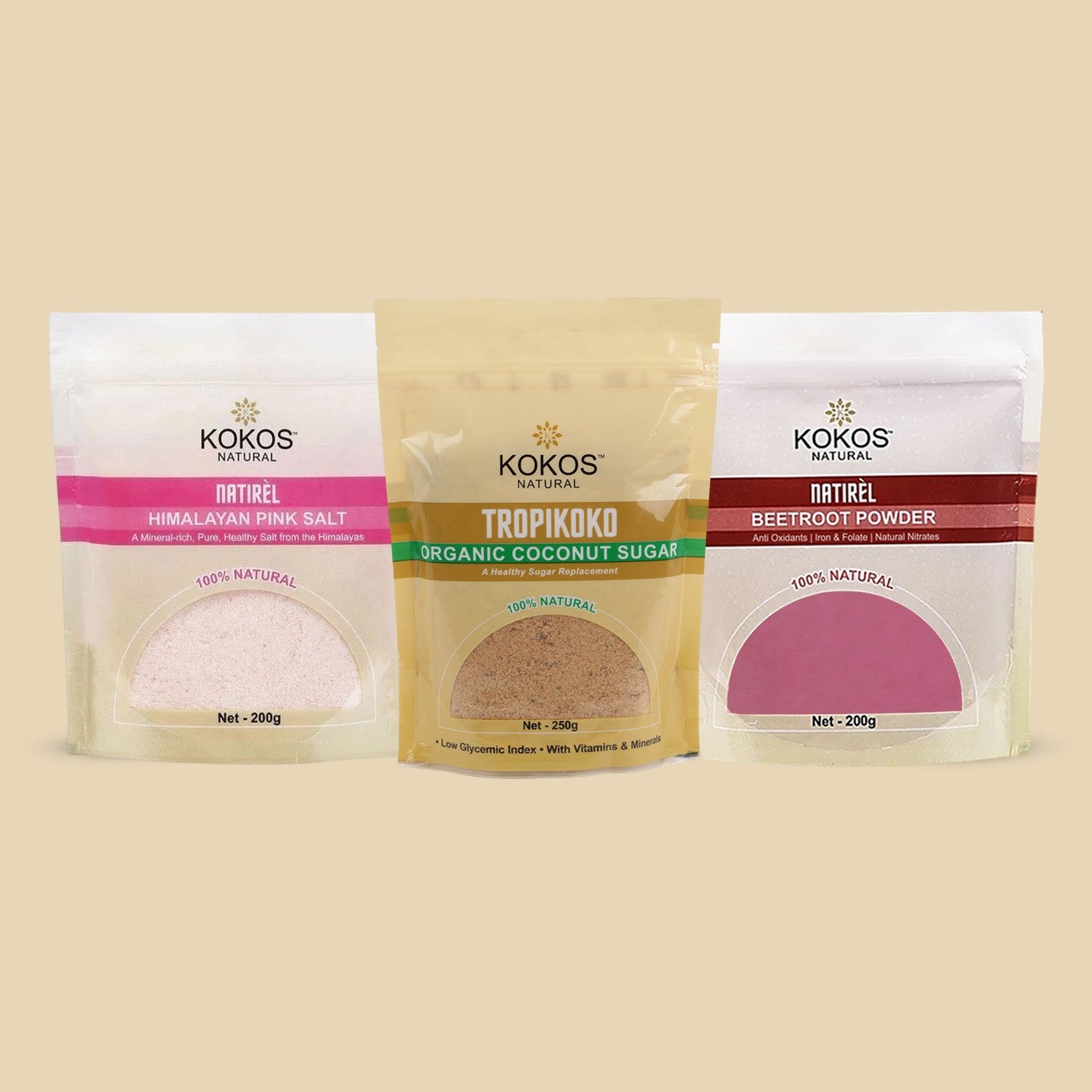 Organic Coconut Sugar, Himalayan Pink Salt, Beetroot Powder